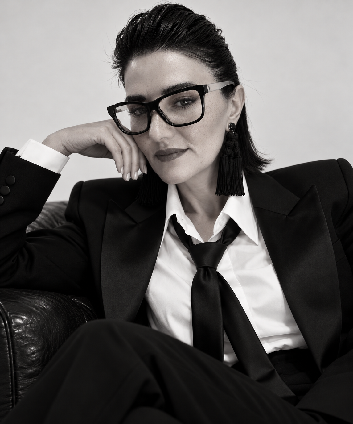 Liana Grigoryan seated in a black suit and glasses, resting her face on her hand